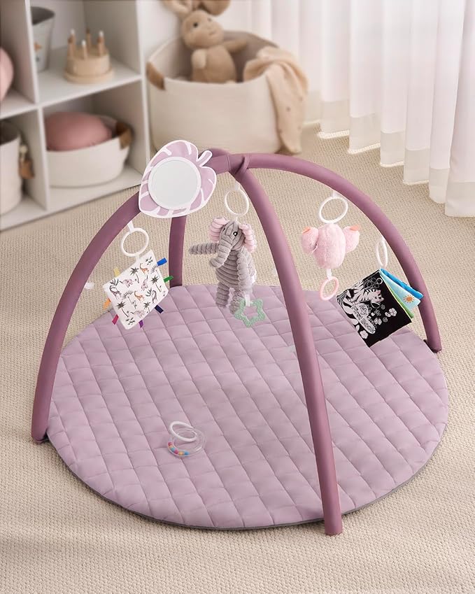 Blissful Diary Baby Play Gym Mat, Tummy Time Activity Mat with 6 Detachable Toys for Stage-Based Sensory & Motor Skill Development, Easy to Install & Clean, Baby Essentials Gift, Lavender Pink-CubbioJoy