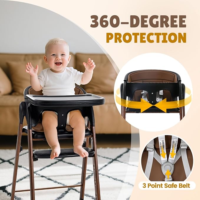 Adjustable High Chair with Removable Tray, Easy to Clean, Portable. 6 Months up to 240 Lb (Black Brown)-CubbioJoy