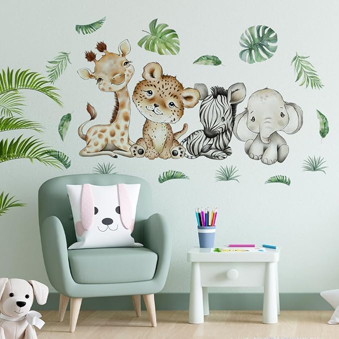 44.88 x22.98 Inch Watercolor Jungle Animal Wall Decals - Tiger, Elephant, Zebra Peel & Stick Wall Art Stickers for Baby Nursery, Playroom, Bedroom, Classroom & Kindergarten Decor-CubbioJoy