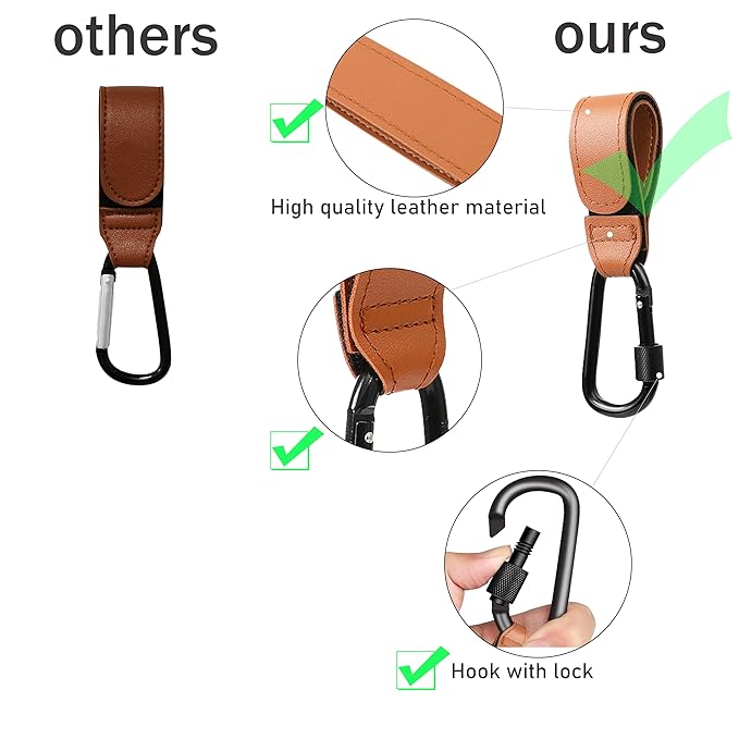 3 Pcs Baby Stroller Hook, Carry 20 lbs per Stroller Carabiner Clip, Adjustable Baby Stroller & Car Seat Hook for Hanging Diaper Bag, Wheelchair, Shopping and Pet Cart(Leather)-CubbioJoy