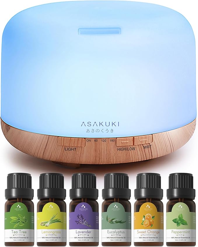 ASAKUKI Oil Diffuser with Essential Oils Set, 500ml Aromatherapy Humidifier with 14 LED Colors & Auto Shut-Off - 6 Oil Gift Pack(Lavender Eucalyptus Tea Tree Orange Peppermint Lemongrass)-CubbioJoy