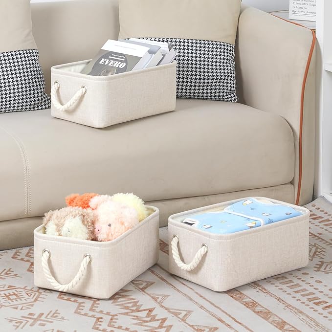 Bidtakay Small Storage Bins for Shelves 3 Pack Fabric Storage Baskets for Organizing 12x8x5 Inch Closet Storage Bins Linen Collapsible Organizer for Closet-Light Biege-CubbioJoy
