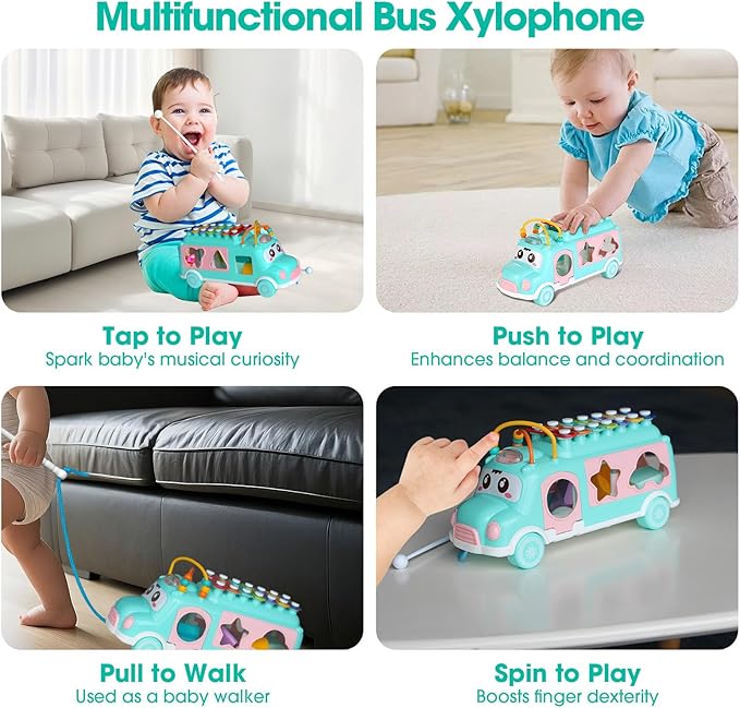 Baby Xylophone for Toddlers 1-3, Bus Shaped Toy Xylophone for Kids with Child Safe Mallet, Shape Sorting Educational Musical Toys and Instruments for Toddlers 1-3-CubbioJoy