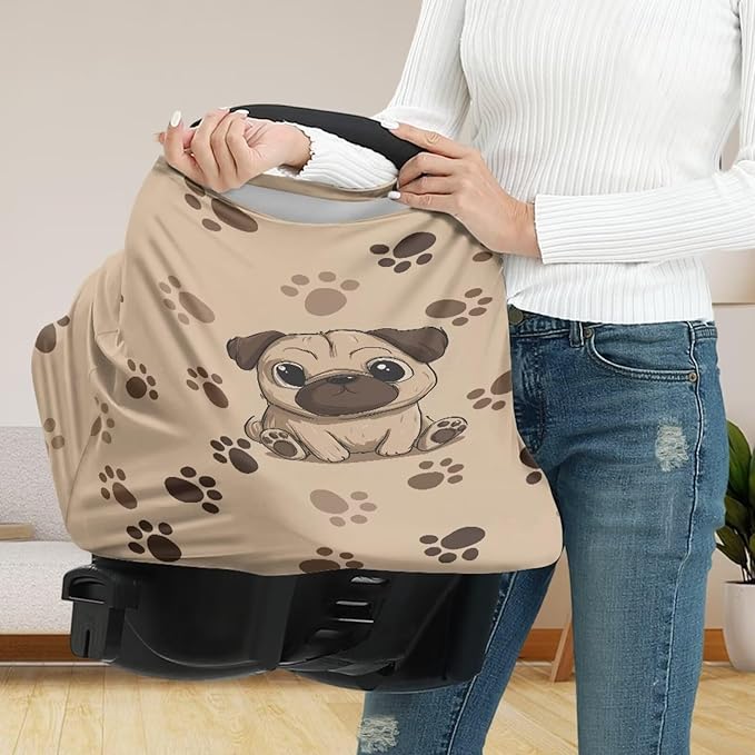Binienty Brown Dog Paw Prints Infant Carseat Canopy for Boys Girls - Pug Animal Stretchy Breathable Soft Infants Stroller Cover Cozy Car Seat Covers-CubbioJoy