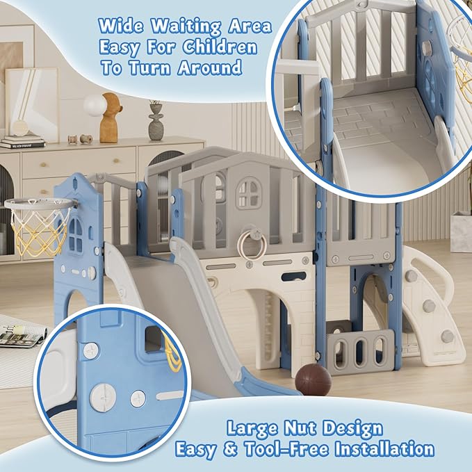 8 in 1 Toddler Slide Set, Kids Slide for Toddlers Age 1-3, Toddler Climber Slide PlaySet with Basketball Hoop and Ball, Outdoor Indoor Kids Playground for Toddlers 1-3, Blue Grey-CubbioJoy