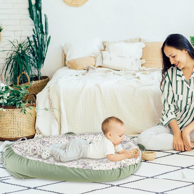 Baby Lounger Cover for Boys Girls, Reversible Baby Nest Cover, Adjustable Baby Lounger Replaceable Cover for Infant Newborn, Portable and Machine Washable, Cotton Green Rabbit Cover Only-CubbioJoy