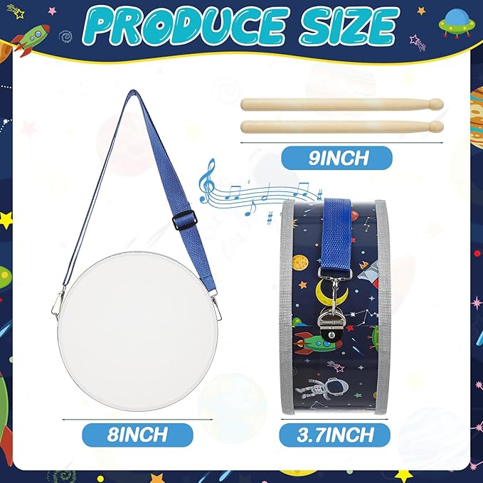 Boao 1 Pc Kids Drum Set, 8 Inch Toddler Drum Wooden Toy with Adjustable Strap and 4 Drumsticks, Educational Sensory Musical Instrument for Toddlers Kid Baby Boys Girls Gift (Space)-CubbioJoy
