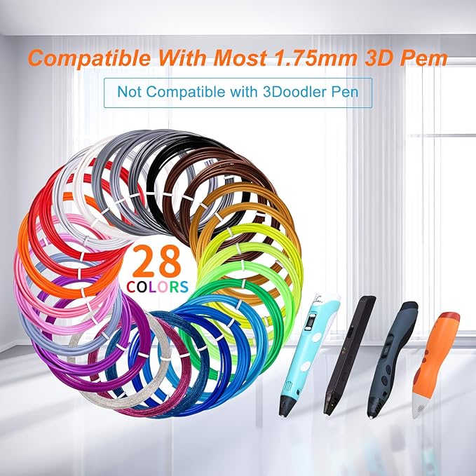 28 Colors 3D Pen Filament Refills Compatible with SCRIB3D MYNT3D PIKA3D 3D Pen for KidsPer Color 10 Feet 1.75mm PLA 3D Printing Pen Filament Refills, NOT FIT 3Doodler Start Pen-CubbioJoy