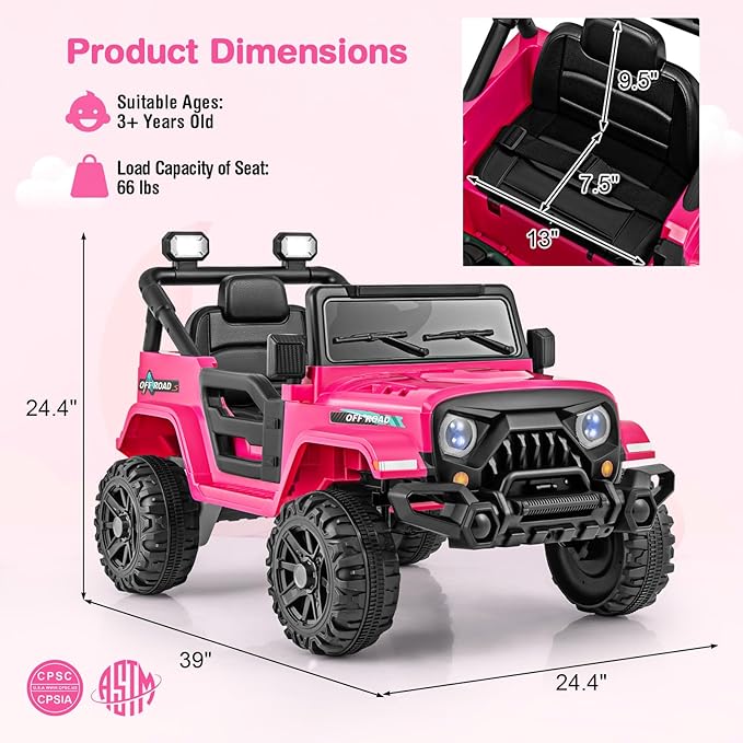 Costzon 12V Kids Ride on Truck Car, Electric Vehicle w/Remote Control, Threaded Wheels, 3 Speeds, LED Lights, Music, Horn & Wireless Connection, Battery Powered Ride on Toy for Boys & Girls 3+ (Pink)-CubbioJoy