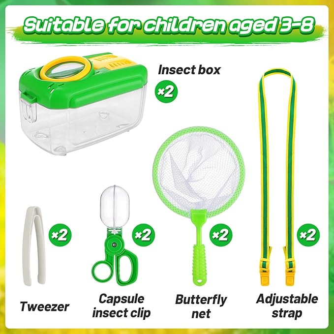 2Sets Bug Catcher for Kids - Sturdy Kids Bug Catching Kit Gifts with Collector Butterfly Net Tweezer, Bugs Habitat Outdoor Explorer Kit for Age 3 4 5 6 7 8, 8Pcs-CubbioJoy