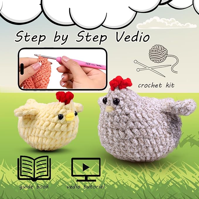 Crochet Kit for Beginners,Chicken Crochet Starter Kit with Step-by-Step Video Tutorials,Crochet Animal Kits for Adults Kids,Chicken Crocheting Set Complete Included-CubbioJoy