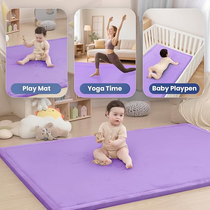 Baby Play Mat for Floor,1.3" Thick Memory foam Tummy Time Mat for Toddlers,Infants,kids,Water-Repellent Soft Nursery Rug,Extra Large Non Slip for Crawling&Yoga,Tatami Style for Living Room(Lavender)-CubbioJoy