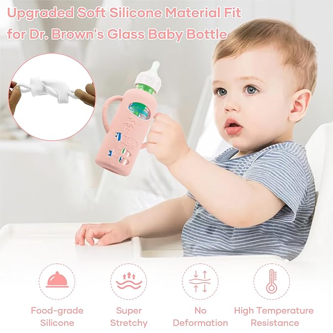 2 Pack Silicone Sleeves for Dr. Brown's Glass Baby Bottles, Anti Breakage Durable Baby Bottle Holder with Easy Grip Handles, Narrow Sleeve with a Cutout, Dishwasher/Freezer/Microwave Safe, 8 oz-CubbioJoy