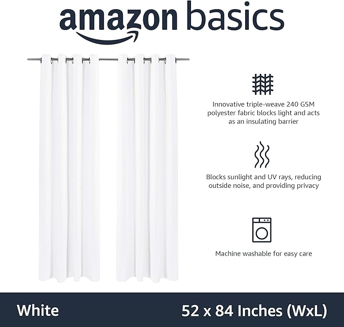 Amazon Basics Room Darkening Blackout Window Curtains 2 Panels with Grommets, for Living Room and Bedroom, 52 x 84 inches, White-CubbioJoy