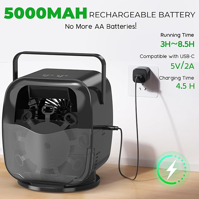 5000mAh Rechargeable Bubble Machine, 90°/180°/360° Auto Rotation, 3 Speeds, Automatic Bubble Blower for Parties, Weddings, Getherings Indoor Outdoor, Bubble Maker Toy for Toddlers, Kids, Pets-CubbioJoy