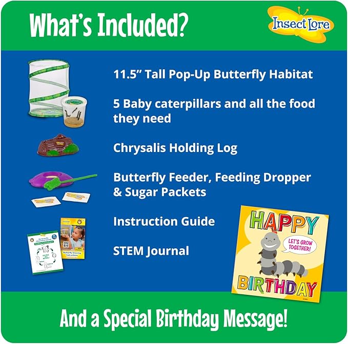 Insect Lore Butterfly Garden with Giant Birthday Card - 5 Live Baby Caterpillars, STEM Activity Journal, Habitat, Chrys-A-Lid Holder, Feeder - Raise and Release Painted Lady Butterflies-CubbioJoy