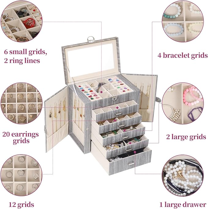 BOOVO Jewelry Box For women, 6 Layer Large Jewelry Organizer With Mirror, Accessory Holder With 5 Drawers, For Earrings Necklace Ring Bracelet (woodgrain grey)-CubbioJoy