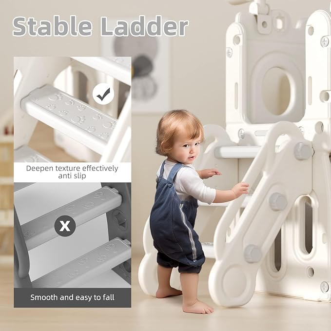 8 in 1 Toddler Slide Set, Kids Slide for Toddlers Age 1-3, Toddler Climber Slide PlaySet with Basketball Hoop,Outdoor Indoor Playground for Toddlers 1-3, White Gray-CubbioJoy