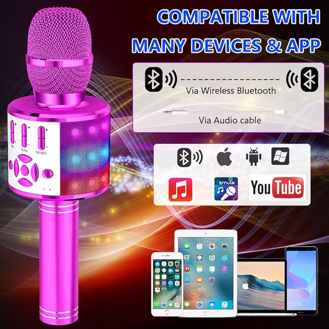 Amazmic Kids Karaoke Microphone Machine Toy Bluetooth Microphone Portable Wireless Karaoke Machine Handheld with LED Lights, Gift for Children Adults Birthday Party, Home KTV(Purple)-CubbioJoy