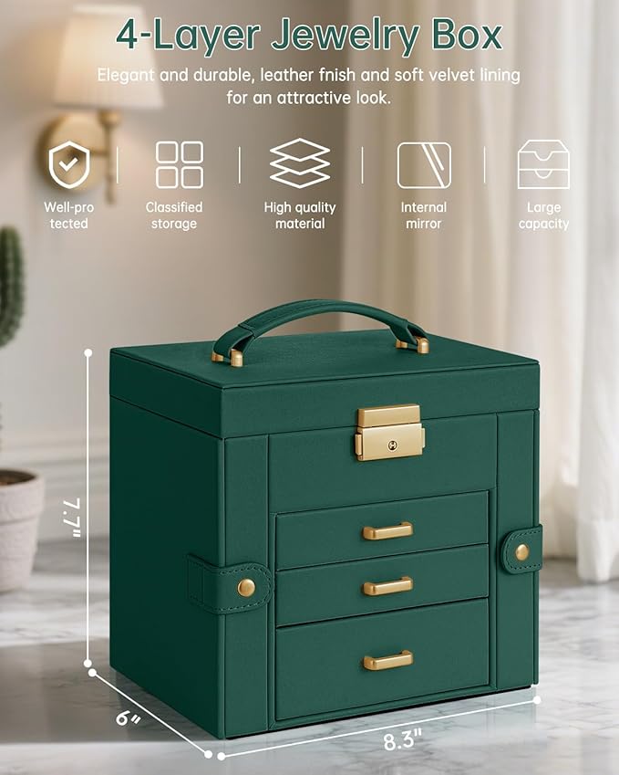 AKOZLIN 4-Tier Jewelry Box Leather Jewelry Storage Organizer with 3 Drawers Lockable for Women Girls Ring Necklace Earring Bracelet Holder with Mirror Forest Green-CubbioJoy