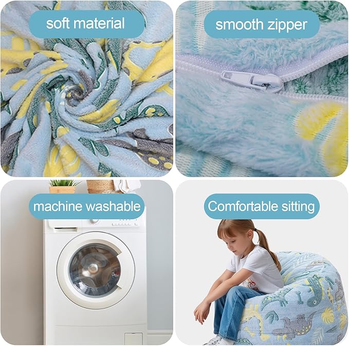 Bean Bag Chair for Kids, Toddler Beanbag Bed Unicorn, Convertible Children Bean Chair to Floor Mattress with Filler, Stuffed Child Bean Bags for Girl Boy Sleeping, Blue Dino-CubbioJoy