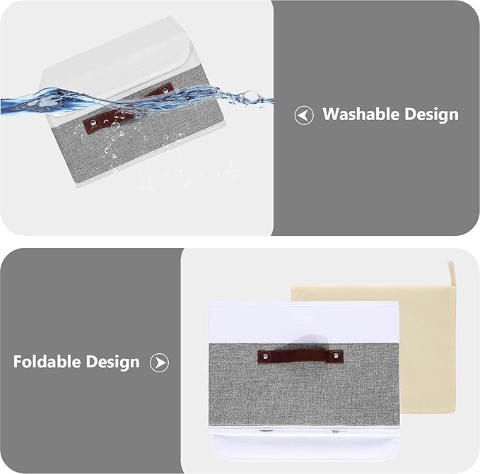 ANMINY 4PCS Storage Boxes with Lid Washable Decorative Storage Bins Basket with PU Leather Handle Foldable Linen Fabric Storage Cubes Containers for Home Closet Organizer - Gray White, Small Size-CubbioJoy