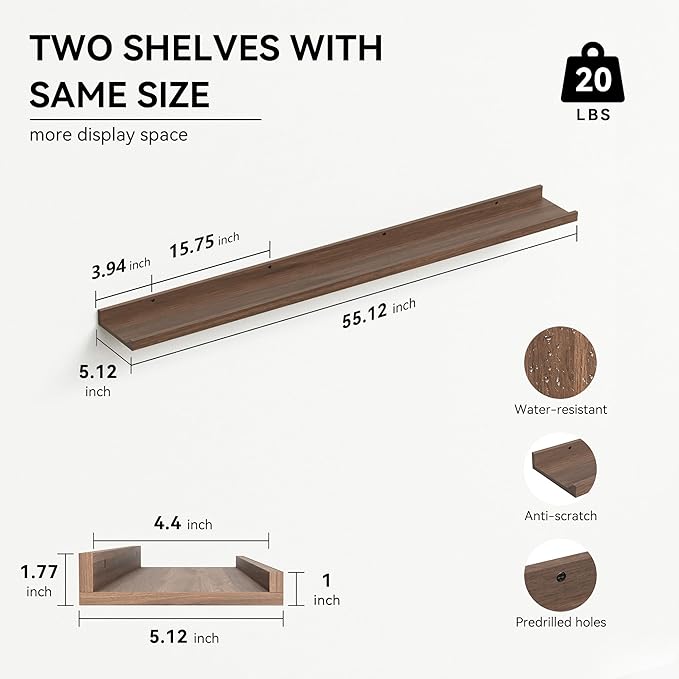 55.1 Inches Long Floating Shelves, 2 Set Rustic Wall Shelf for Bedroom, Nursery Book Shelf with Lip, Picture Ledge Shelf for Living Room, Bathroom, Kitchen - Walnut-CubbioJoy