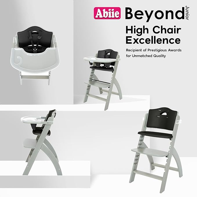Abiie Beyond Junior Wooden High Chair with Tray - Adjustable and Convertible High Chair for Babies and Toddlers - 6 Months to 250 Lb - Water Resistant - Misty Grey Wood/Black Pearl Cushion-CubbioJoy