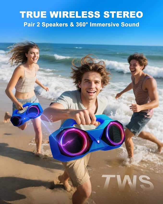 Bluetooth Speaker 80W(Peak)Loud with Bass, 20H Playtime, IPX7 Waterproof, RGB Lights, TWS, Large Portable Wireless Speakers for Outdoor, Home, Party, Pool, Beach, Tailgating, Gym, Work, Gifts (Blue)-CubbioJoy