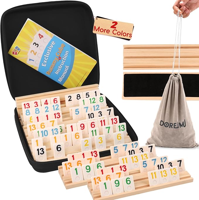 Deluxe Rummy Cube Game Set 6 Colors with 8 Wooden Racks 162 Rummy Tiles, Travel Family Board Game for Adults and Kids-CubbioJoy