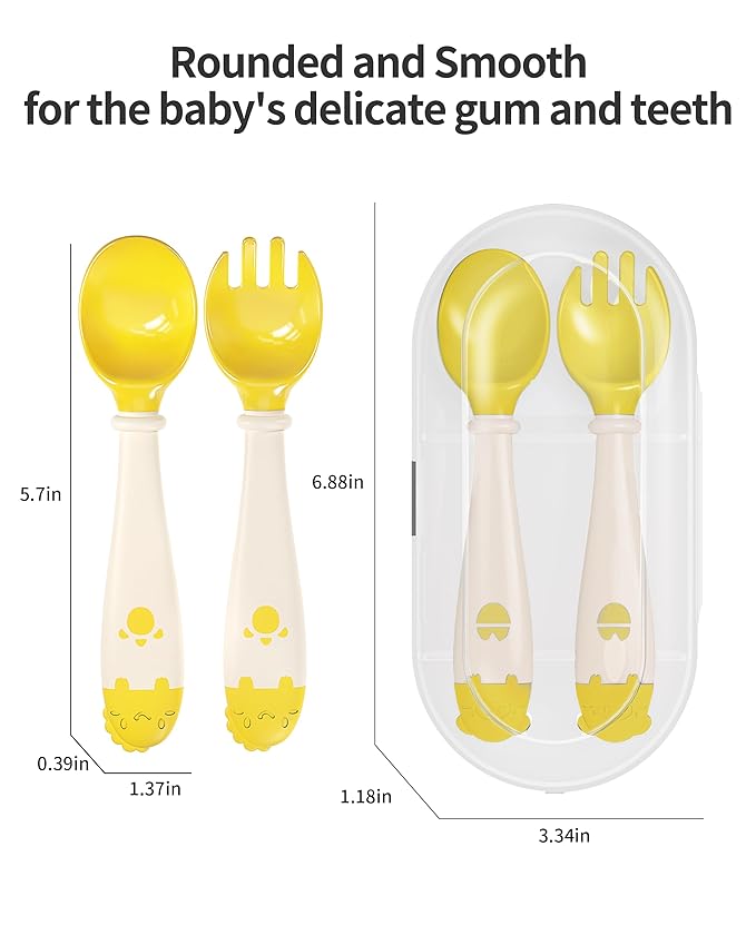 Deejoy Toddler Utensils, Self-feeding Flatware Set withTravel Case, Baby Spoons and Forks with Silicone Bendable Handle, Easy Grip Heat-Resistant, Ideal for Kids, Stage 2 (Yellow)-CubbioJoy