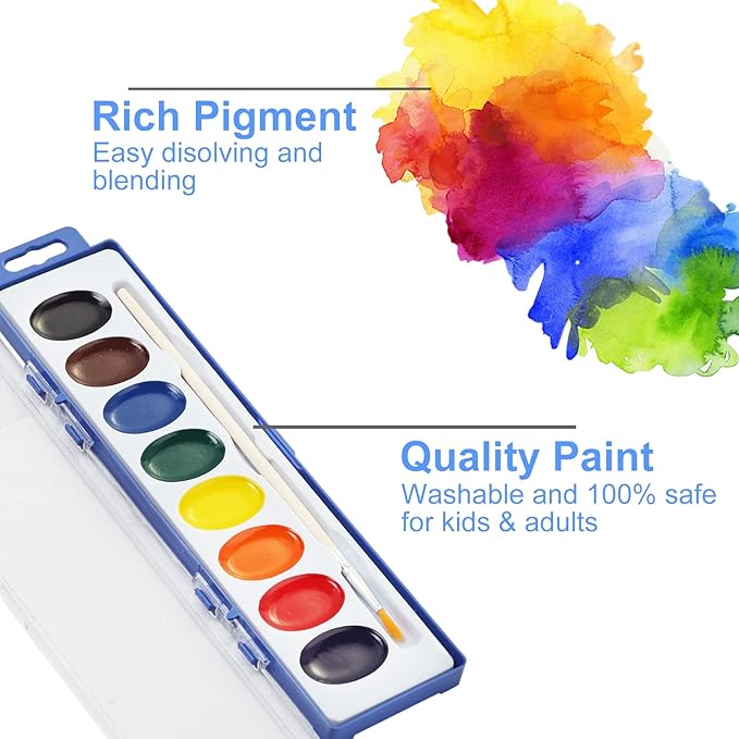 8-Color Watercolor Paint Set for Kids, 36 Pack Washable Watercolors Bulk for Party Favors, Gifts, Classroom Supplies (Wooden Paintbrushes Included)-CubbioJoy