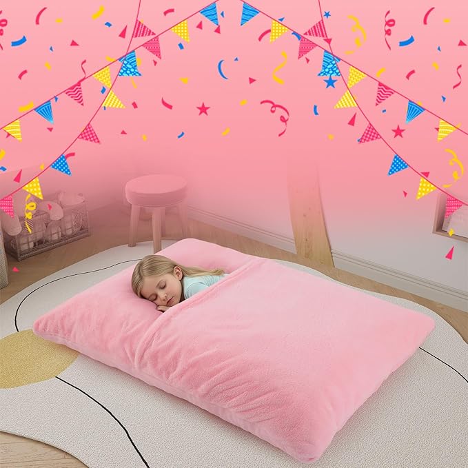COMAX 3-in-1 Bean Bag Chair for Kids, Toddler Beanbag Bed, Convertible Child Floor Lounger, Floor Mattress with Filler for Girl Boy Sleeping Reading, Pink-CubbioJoy