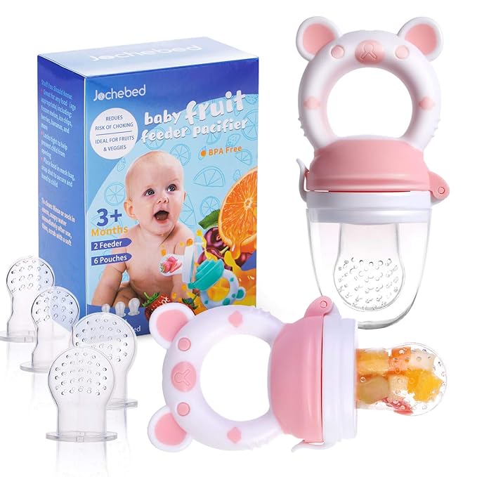 Baby Fruit Food Feeder Pacifier - Fresh Food Feeder, Infant Fruit Teething Teether Toy for 3-24 Months, 6 Pcs Silicone Pouches for Toddlers & Kids & Babies, 2-Pack (Light Pink)-CubbioJoy