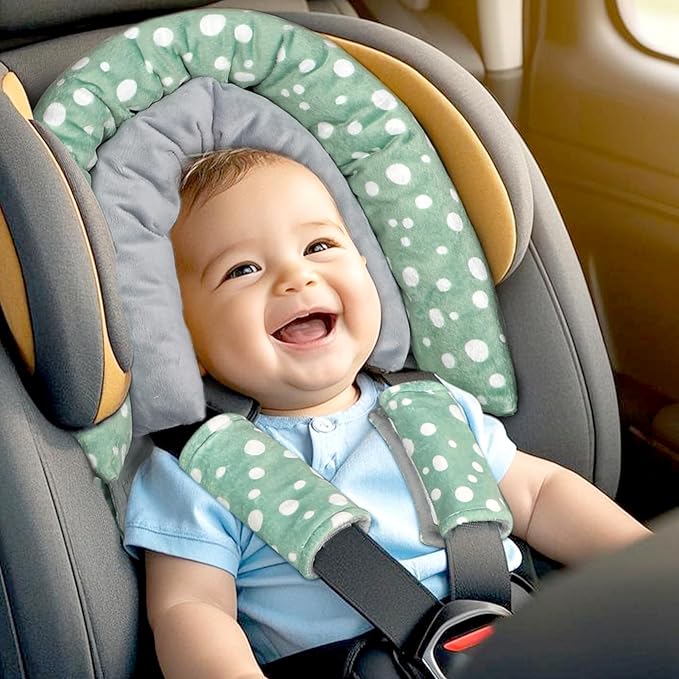 Baby Car Seat Head Support for Newborn, GFU 2 in 1 Infant Car Seat Head Body Support with Strap Pads, Soft Stroller Cushion Pillow Insert for Girls and Boys, Fits for Stroller, Swing, Green-CubbioJoy