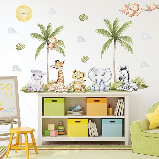 56.29 x 44.88 Inch Watercolor Animal Wall Decals - Jungle Stickers With Tiger, Elephant, Zebra, Giraffe, Monkey, Hippo for Baby Nursery, Bedroom, Classroom, Kindergarten Decor-CubbioJoy