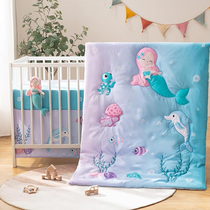 4 Piece Crib Bedding Set for Boys Girls, Infant Toddler Nursery Baby Bedding Sets Includes Cartoon Quilt, Fitted Crib Sheet, Crib Skirt and Plush Mermaid Toy-CubbioJoy