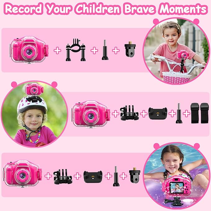 Agoigo Kids Waterproof Camera - Children Underwater HD Video Digital Camcorder, Portable Travel Toy for Toddler - Ideal Christmas Birthday Gifts for Boys Girls Age 3-12 with 32GB Card (Rose Red)-CubbioJoy