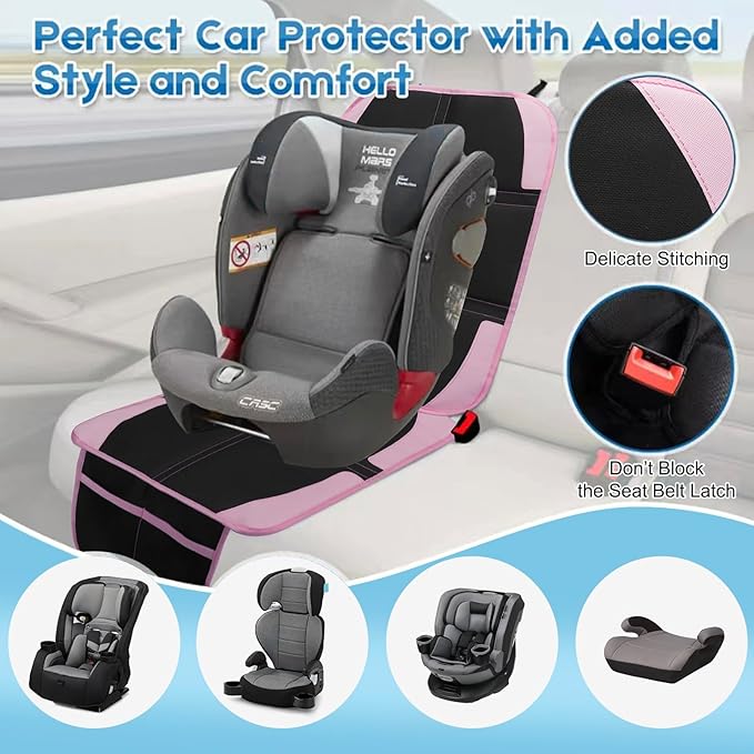 Child Car Seat Protector, 2 Pack with Mesh Pockets & Non-Slip Backing, 600D Durable (Pink, Standard)-CubbioJoy