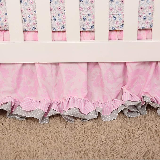 7 PCs Pink Embroidery Butterfly Nursery Crib Bedding Set 100% Cotton Baby Girl 3D Butterfly Themed Cot Bedding Set 1 Quilt, 2 Fitted Sheet, 1 Window Valance, 3 Butterfly Shaped Wall Decor-CubbioJoy