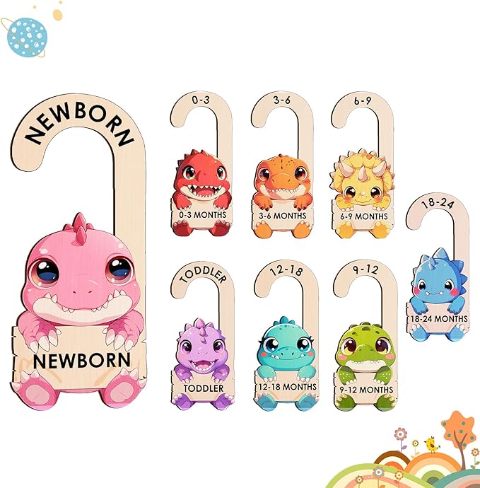 Baby Clothes Dividers for Closet - Wooden Baby Size Closet Dividers Newborn to 24 Months, Unique Dinosaur Design Babies Clothes Organizer for Nursery Decor Gender-Neutral Newborn Hangers (Set of 8)-CubbioJoy