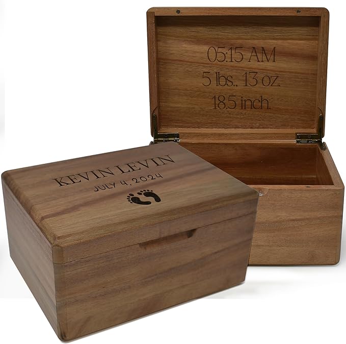Custom Baby Memory Box for Kids- 1st Birthday Keepsake Gifts for Babies, Engraved First Birthday Memory Time Capsule Box with Hinged Lid, Unique Shower Baby Gift, Memento Chest Memorabilia, 8x6x4 in-CubbioJoy