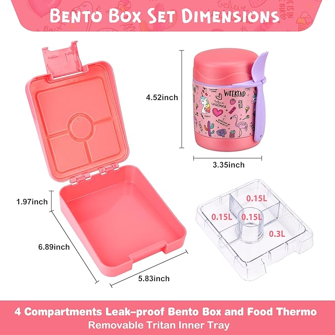 Bento Lunch Box Set With 10oz Soup Thermo, Leak-proof Lunch Containers with 4 Compartment, Kids Hot Thermo Food Jar/Insulation Lunch Bag, Food Containers for School（Flamingo）-CubbioJoy