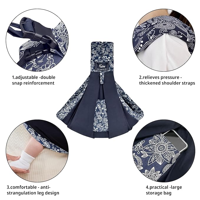CUBY Wrap Baby Sling Carrier, Baby Wraps Sling Carrier Adjustable Breathable Lightweight Easy to Wearing - Baby Slings for Newborn Infant Toddler Front & Hip Carry Up to 40lbs (Dark Blue Floral)-CubbioJoy