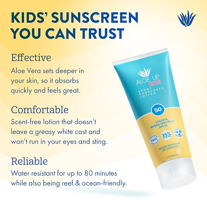 Aloe Up Kids Sport Sunscreen Lotion SPF 50 - Broad Spectrum Sheer Face and Body Sunscreen Protector for Sensitive Skin - With Aloe Vera Gel - Dries Fast - Reef Safe - Fragrance-Free - 6 Oz-CubbioJoy