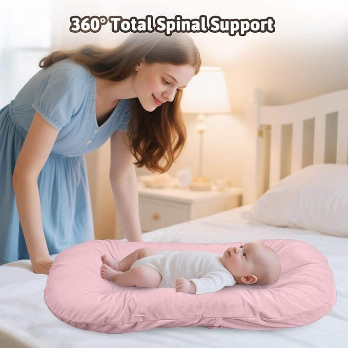 Baby Lounger Play Mat,Baby Lounger for Newborn Tummy Time for Baby in Bed,0° Angle Newborn Lounger Baby Nest for Boys & Girls 0-12 Months(Pink)-CubbioJoy