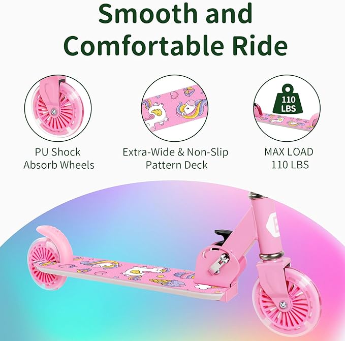 BELEEV V2 Scooters for Kids with Light-Up Wheels & Stem & Deck, 2 Wheel Folding Scooter for Girls Boys, 3 Adjustable Height, Non-Slip Pattern Deck, Lightweight Kick Scooter for Children Ages 3-12-CubbioJoy