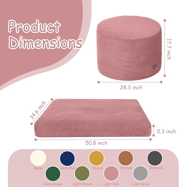 COMAX Kids Bean Bag Chair Turn into Beanbag Bed, Toddler Bean Chair Corduroy for Girl Boy Sleeping, Lazy Children Bean Bags with Filler, Convertible Child Floor Mattress, Light Pink-CubbioJoy