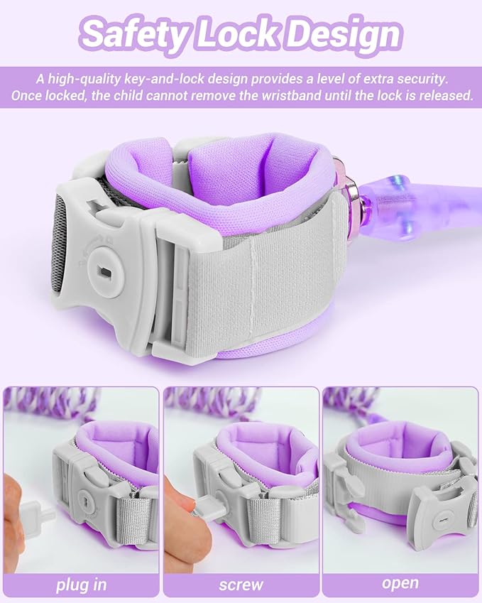 Dr.meter Anti Lost Wrist Link, 2 Pack Toddler Safety Leash with Key Lock, Reflective Child Walking Harness - Dual 8.2ft Length Pink & Purple Kids Leash for Outdoor, Kids Travel Essencials-CubbioJoy