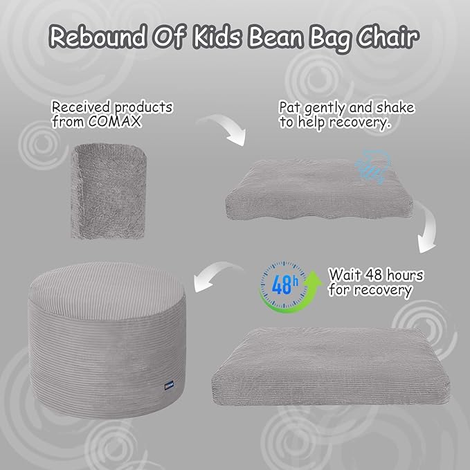 COMAX Kids Bean Bag Chair Turn into Beanbag Bed, Toddler Bean Chair Corduroy for Girl Boy Sleeping, Lazy Children Bean Bags with Filler, Convertible Child Floor Mattress, Light Grey-CubbioJoy